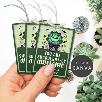 Halloween-themed printable gift tags with the message "You Are Succulent-ly Awesome" featuring a cute succulent plant surrounded by spooky Halloween icons. Tags are 2.5 x 3.5 inches, laid out 8 per sheet on a standard 8.5 x 11-inch page. Includes a printable PDF and a PDF with a link to an editable Canva template.