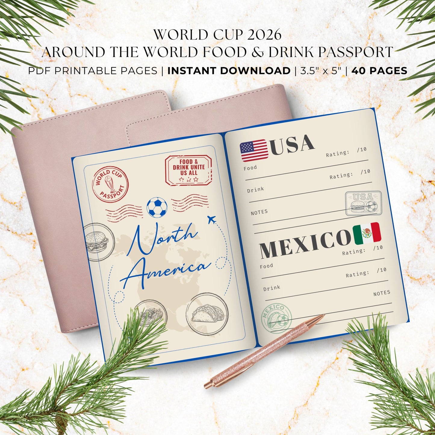 Vintage-inspired Around the World Food & Drink Passport printable featuring 48 World Cup nations, interactive food and drink rating pages, distressed passport stamps, continent divider pages, memory snapshots, Top 10 World Cup Flavors tracker, and official completion certificate in a royal blue, red, and cream travel-themed design.