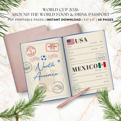 Vintage-inspired Around the World Food & Drink Passport printable featuring 48 World Cup nations, interactive food and drink rating pages, distressed passport stamps, continent divider pages, memory snapshots, Top 10 World Cup Flavors tracker, and official completion certificate in a royal blue, red, and cream travel-themed design.