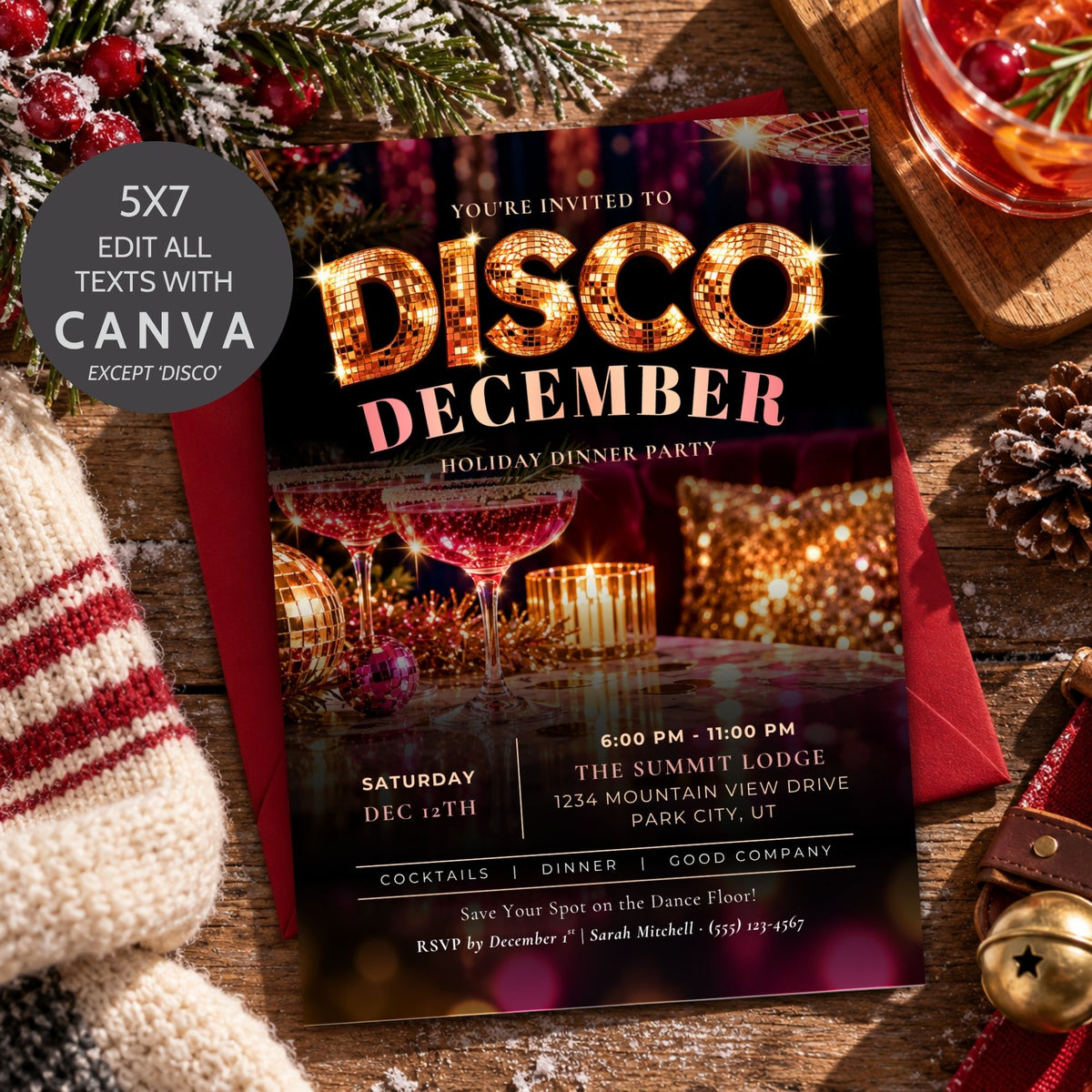 A festive disco-themed dinner party invitation card with a red envelope, styled on a rustic wooden table with a knit sweater, pinecones, evergreen branches, and a glass of red drink. A circular badge in the top left reads '5X7 EDIT ALL TEXTS WITH CANVA EXCEPT DISCO'.