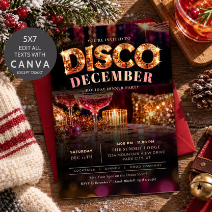 A festive disco-themed dinner party invitation card with a red envelope, styled on a rustic wooden table with a knit sweater, pinecones, evergreen branches, and a glass of red drink. A circular badge in the top left reads '5X7 EDIT ALL TEXTS WITH CANVA EXCEPT DISCO'.
