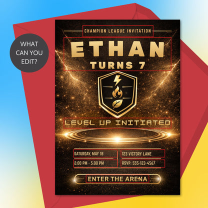 Editable luxury black and gold monster trainer inspired birthday invitation with glowing arena, elite badge, and customizable party details in Canva