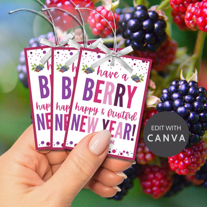 Berry-themed editable New Year gift tags with the message “Have a Berry Happy & Fruitful New Year!” laid out on an 8.5 x 11-inch sheet with 8 tags in vibrant berry colors.