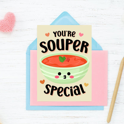 Printable Valentine’s Day card featuring the phrase “You’re Souper Special” with a cozy soup design. Designed as a 5x7 PDF on an 8.5 x 11 sheet with two cards per page. A comforting and punny Valentine’s card for loved ones.