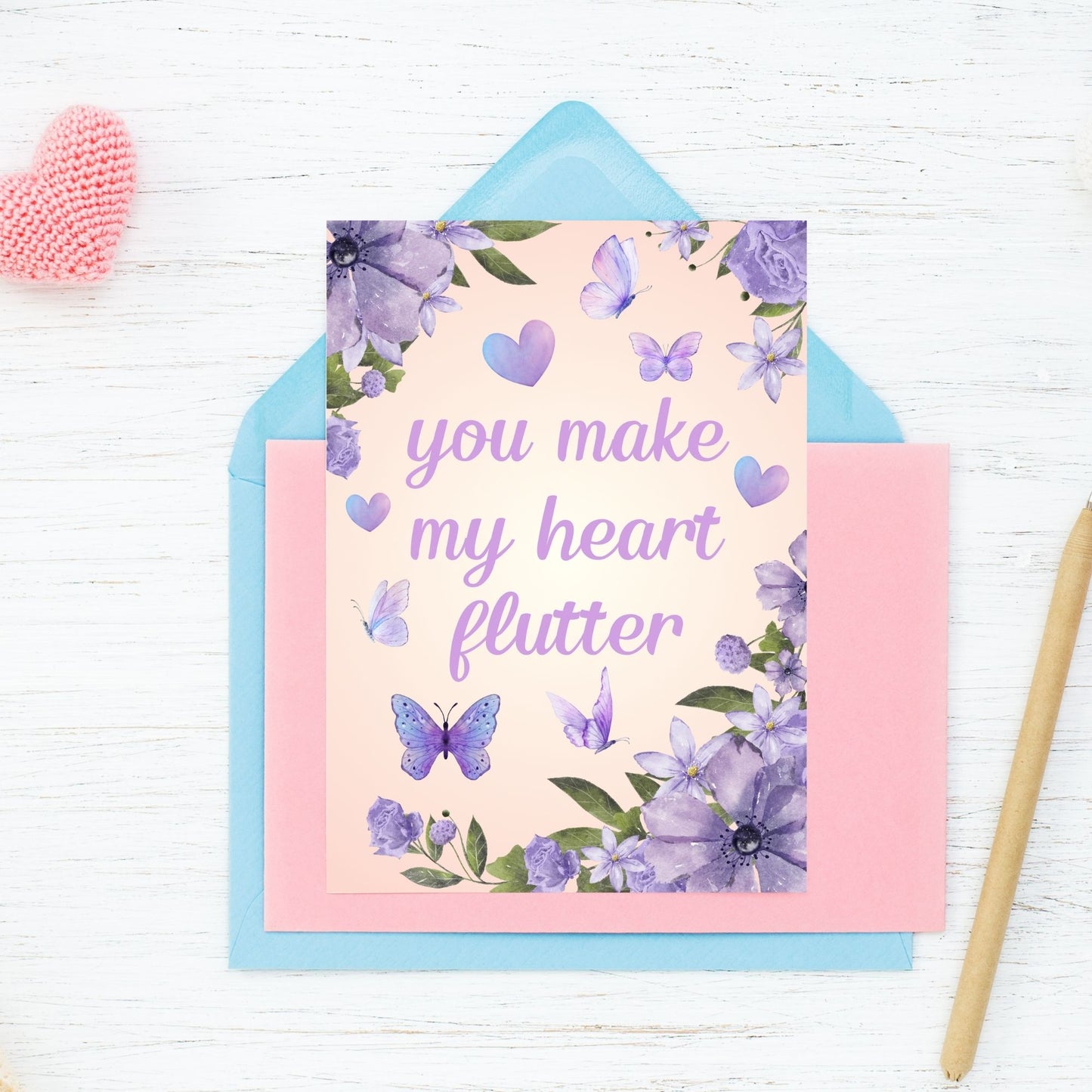 Printable Valentine’s Day Greeting Card featuring the phrase “You Make My Heart Flutter.” Designed as a 5x7 PDF on an 8.5 x 11 sheet with two cards per page. A whimsical and heartfelt Valentine’s card for nature lovers.