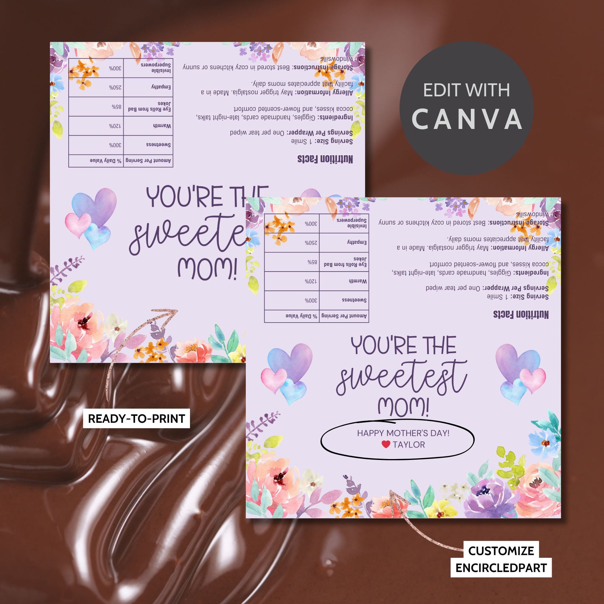 Floral watercolor chocolate bar wrapper with the message “You’re the Sweetest Mom!” in soft purple and heart accents – printable gift for Mother's Day, grandma, or church moms.