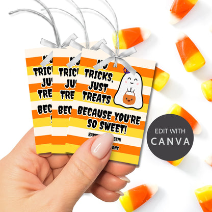 Halloween-themed printable gift tags featuring a cute ghost holding a pumpkin with the message "No Tricks, Just Treats Because You're So Sweet!" Tags are 2.5 x 3.5 inches, laid out 8 per sheet on a standard 8.5 x 11-inch page. Includes a printable PDF and a PDF with a link to an editable Canva template.