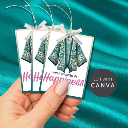 Printable kimono gift tags featuring a colorful kimono design with the text "Wrap Yourself in Happiness" and customizable space for names, perfect for adding a personal touch to any gift.