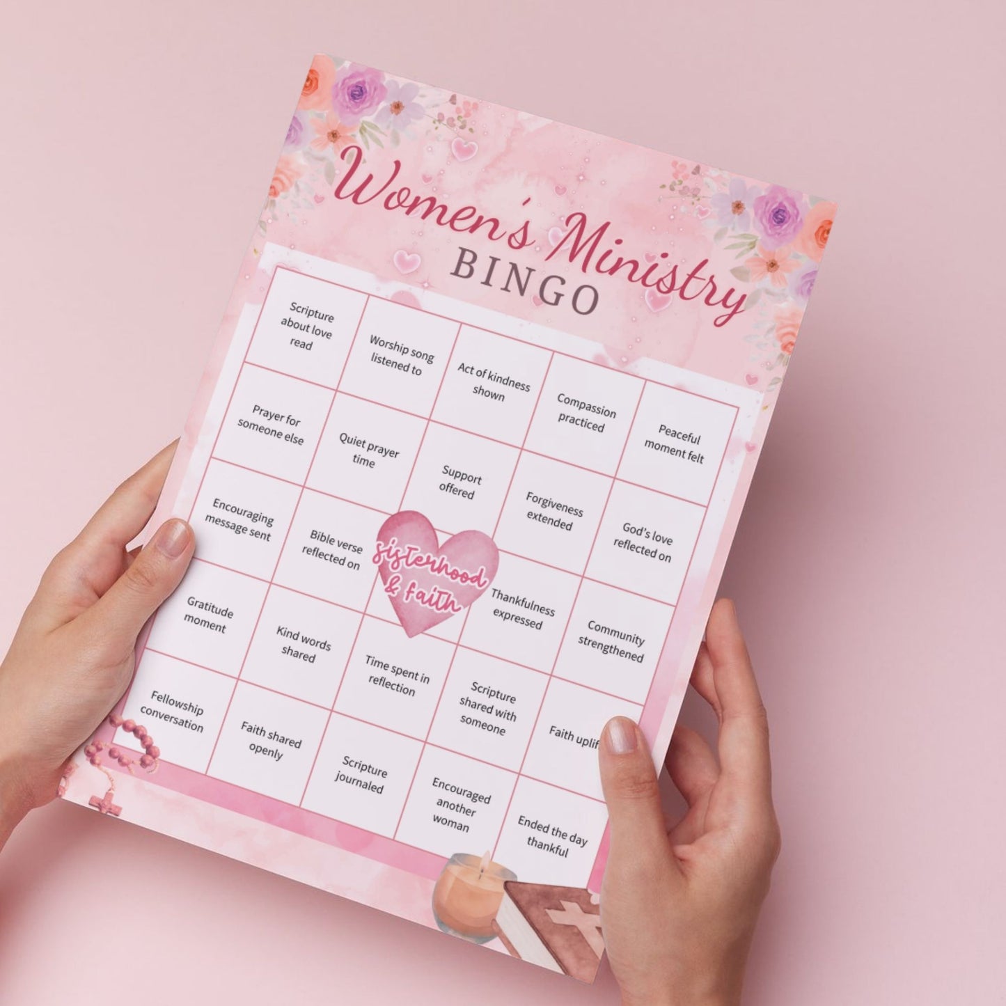 Faith-based bingo printable featuring five Christian-themed bingo cards for faith in action, women’s ministry, youth group, family faith, and faith and service, sized 8.5x11.