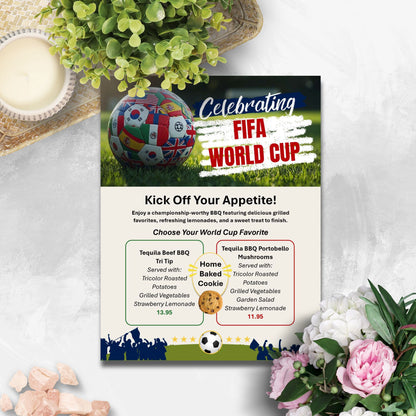 Editable FIFA World Cup-inspired menu template featuring soccer ball graphics, sports-themed design, customizable food menu, printable 8.5x11 Word document for watch parties and events.