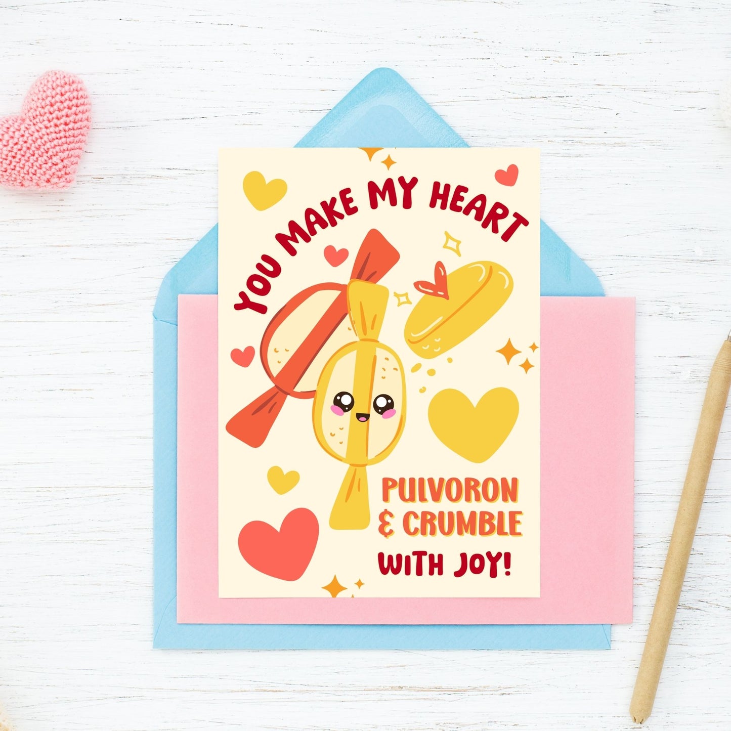 Printable Valentine’s Day card featuring the phrase “You Make My Heart Pulvoroll with Joy” with a Filipino pulvoron-inspired design. Designed as a 5x7 PDF on an 8.5 x 11 sheet with two cards per page. A punny and heartfelt Valentine’s card for Filipino food lovers.