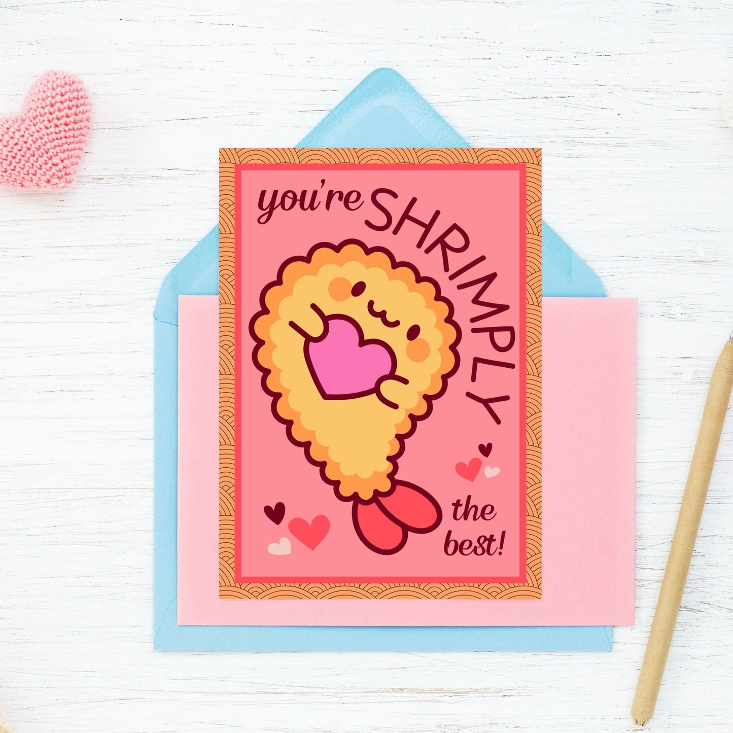 Printable Valentine’s Day Greeting Card featuring the pun “You're Shrimply the Best.” Designed as a 5x7 PDF on an 8.5 x 11 sheet with two cards per page. A fun and punny Valentine’s card for seafood lovers and friends.