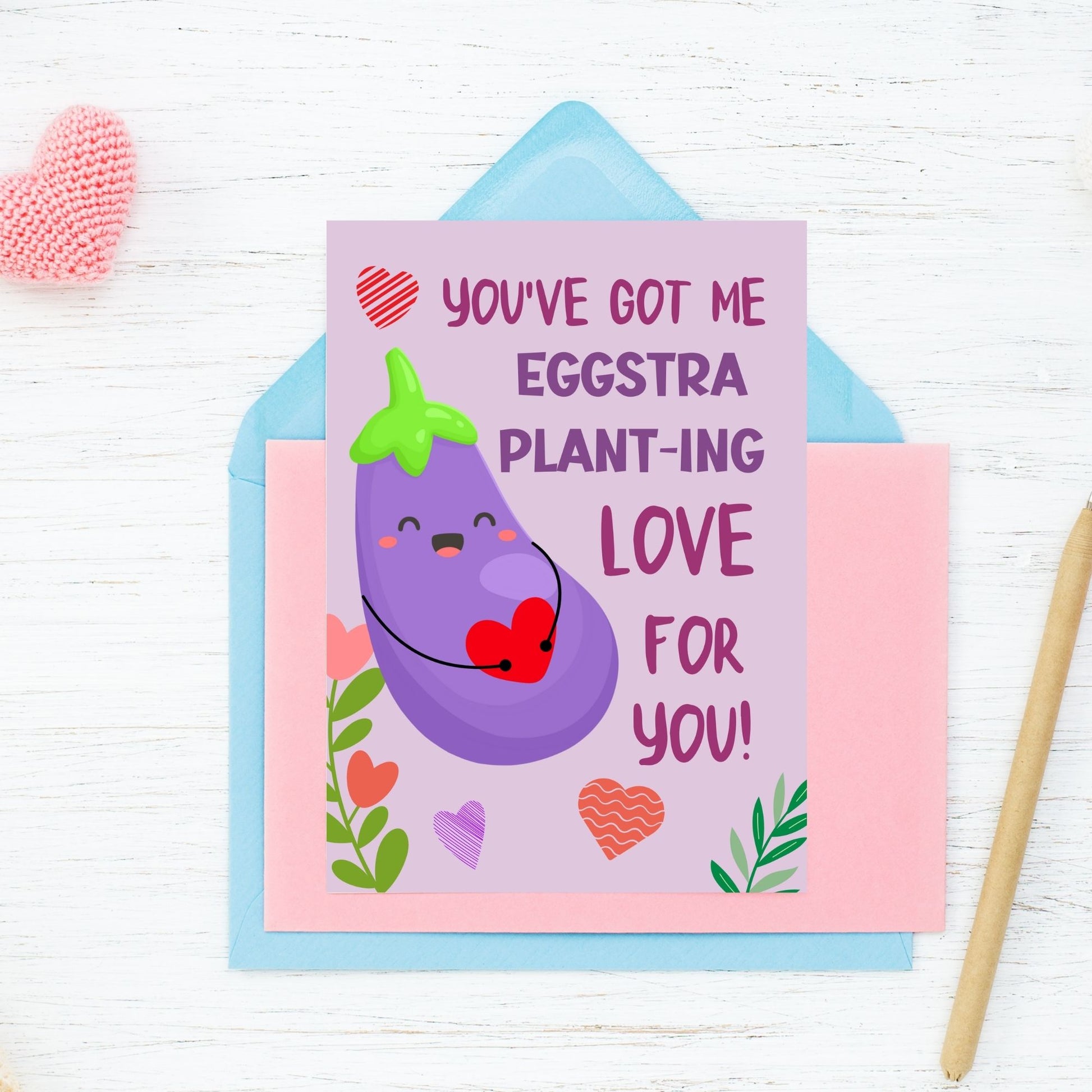 Printable Valentine’s Day Greeting Card featuring the phrase “You’ve Got Me Eggstra Planting” with a cute eggplant design. Designed as a 5x7 PDF on an 8.5 x 11 sheet with two cards per page. A fun and punny Valentine’s card for loved ones.