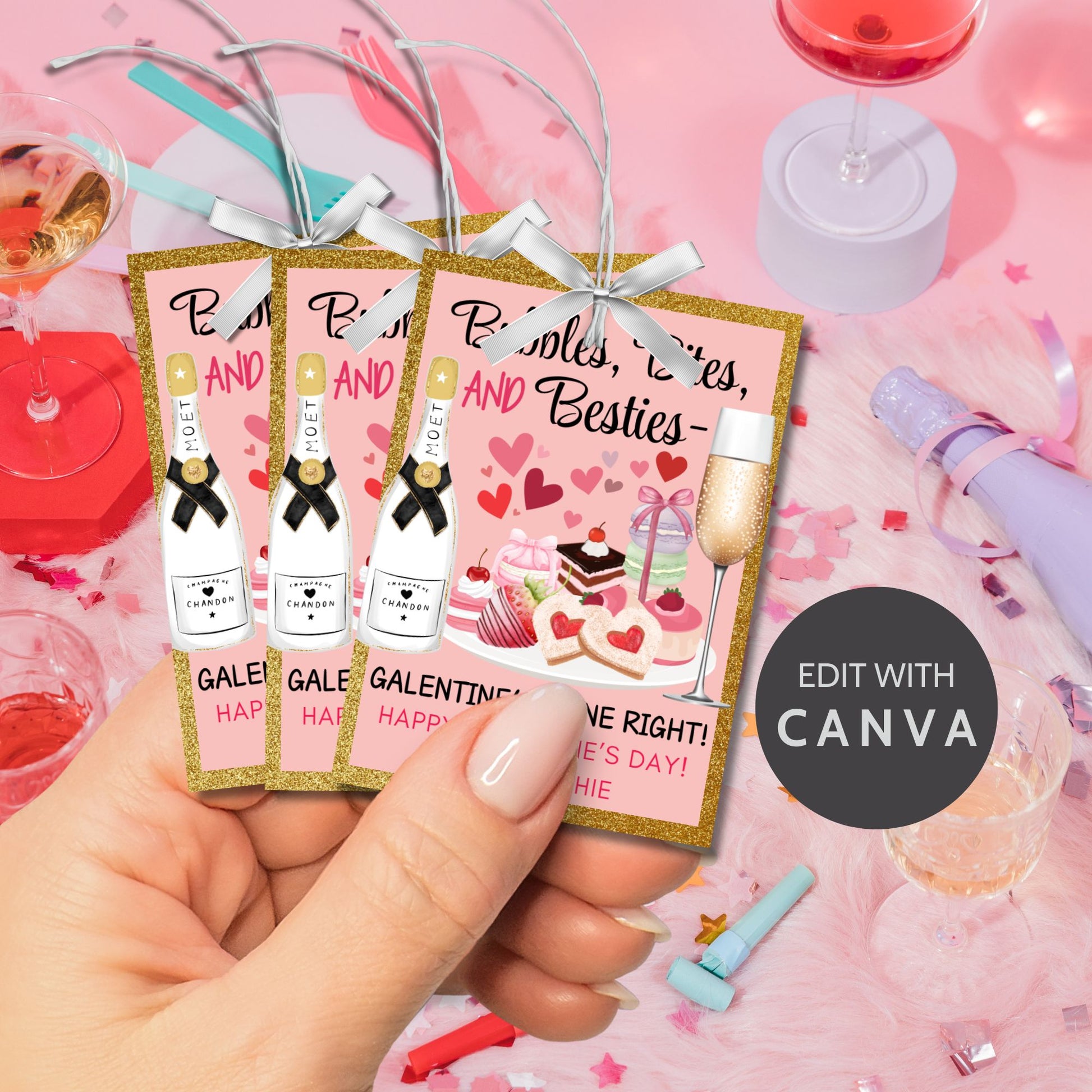 Festive printable and editable Galentine’s Day gift tags featuring champagne, sweets, and the message "Bubbles, Bites, and Besties." Perfect for wine nights, brunch, or Galentine’s gift bags.