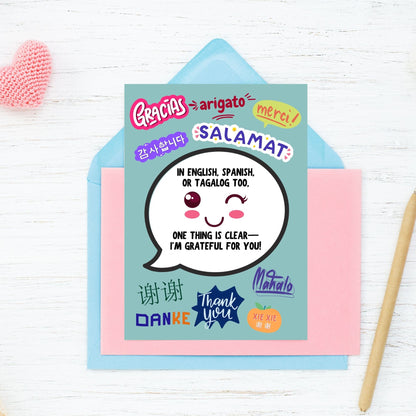 A printable multilingual-themed Valentine’s Day card with the message "In English, Spanish, or Tagalog Too." Perfect for language teachers, bilingual educators, and ESL tutors. Instant download, 5x7 inches.