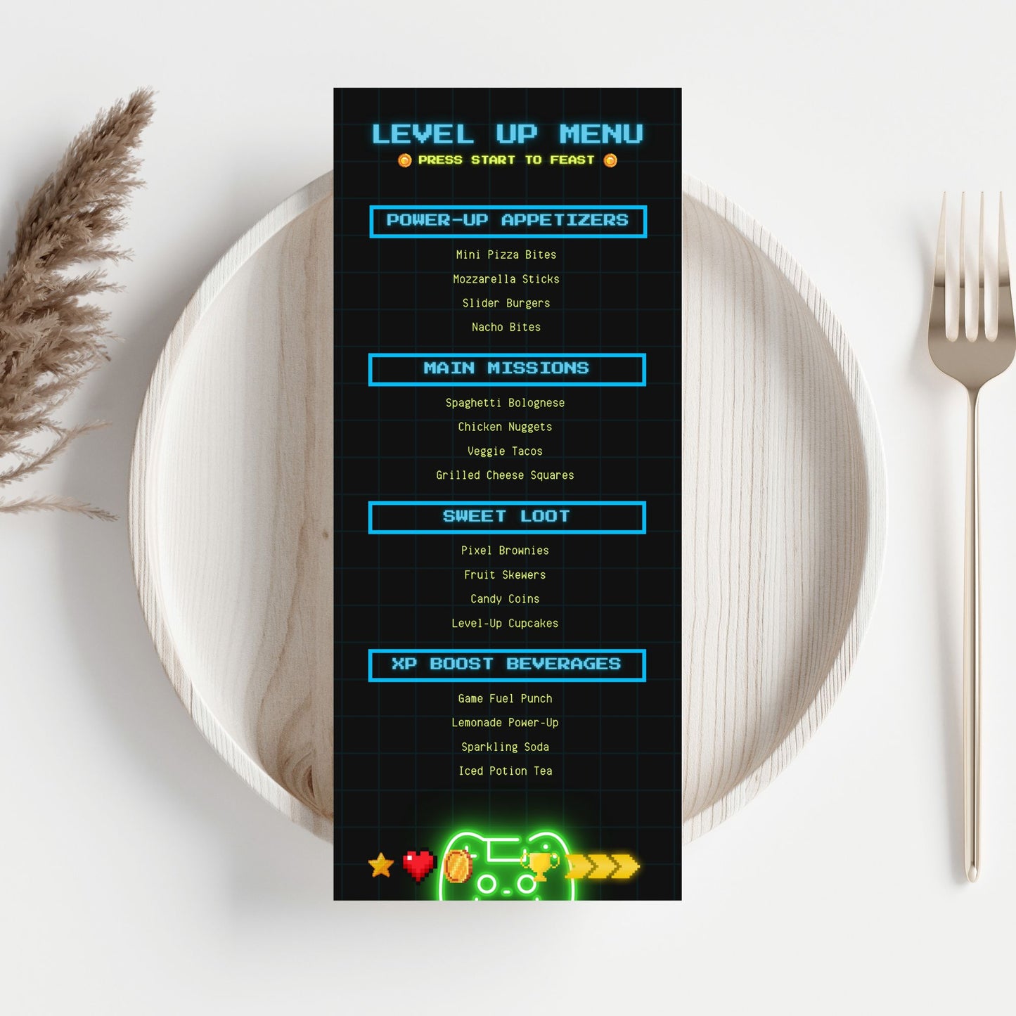 Retro gaming-themed editable menu card titled “Level Up Menu” featuring food sections like Power-Up Appetizers and XP Boost Beverages. Sized for tabletop at 3.65 x 8.5 inches.