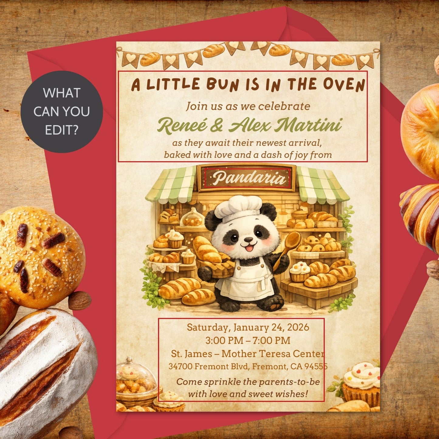 Editable Pandaria panda bakery themed invitation featuring a cute panda baker surrounded by artisan bread and warm bakery details. Whimsical 5x7 Canva invitation perfect for baby showers, birthdays, and bakery-themed celebrations.