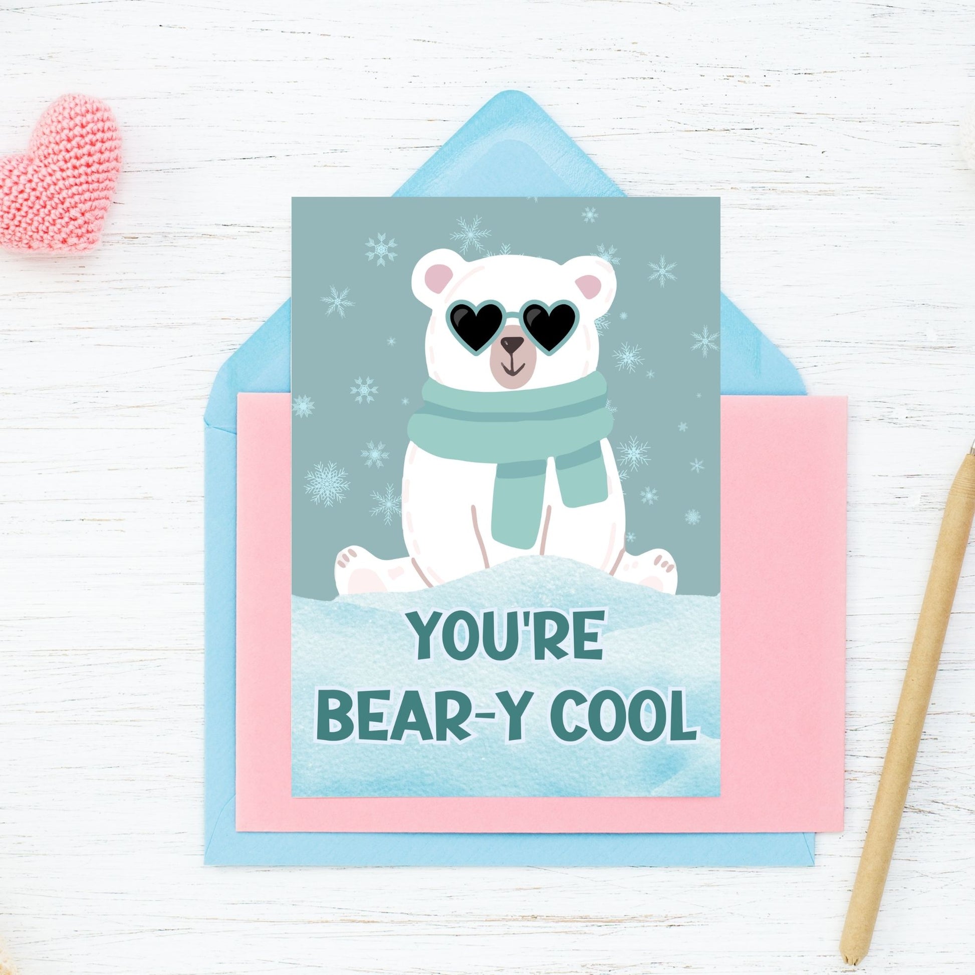 Printable Valentine’s Day Greeting Card featuring the pun “You're Beary Cool.” Designed as a 5x7 PDF on an 8.5 x 11 sheet with two cards per page. A cute and fun Valentine’s card for friends and animal lovers.