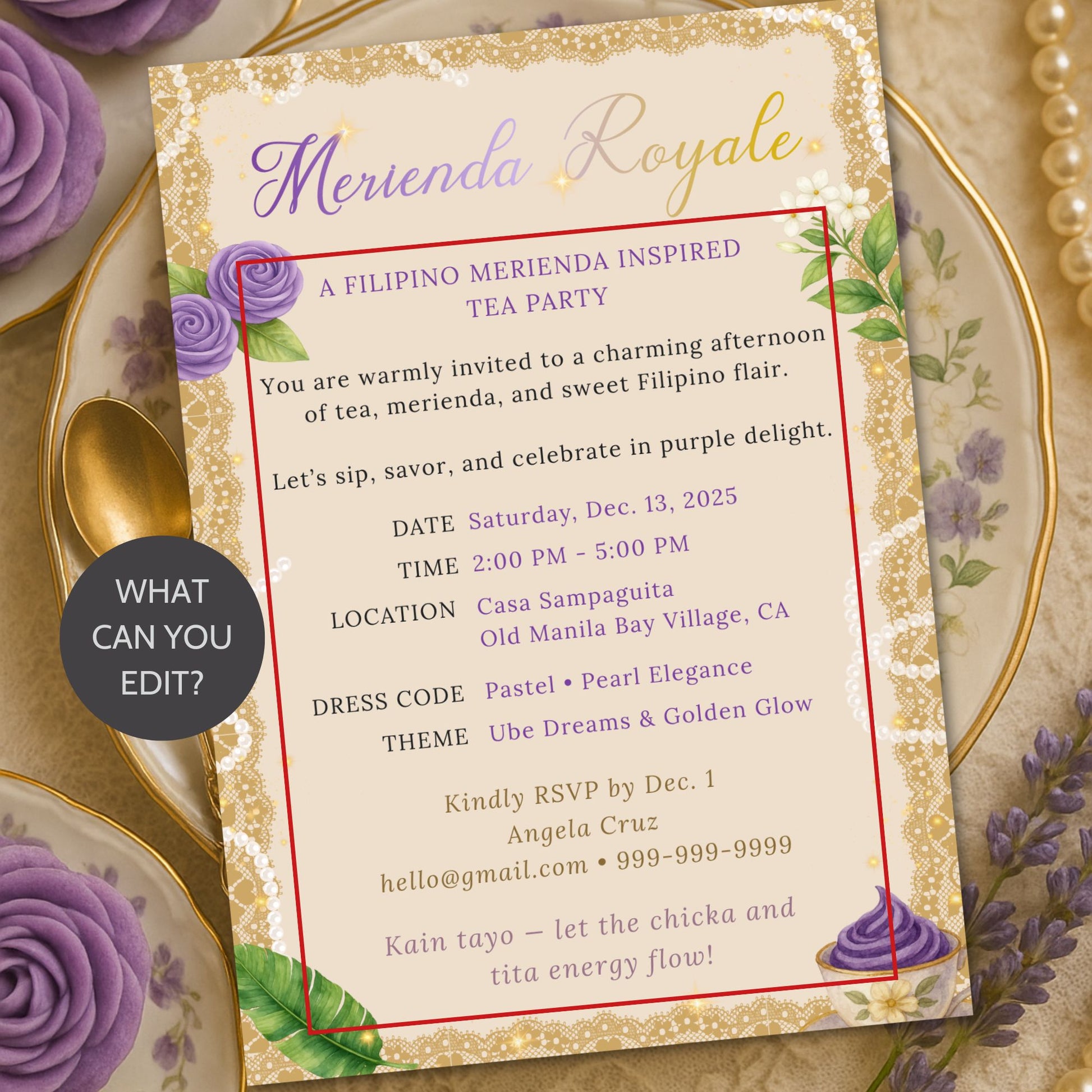 Invitation card for a Filipino Merienda Inspired Tea Party with decorative elements.