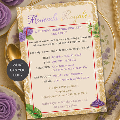 Invitation card for a Filipino Merienda Inspired Tea Party with decorative elements.