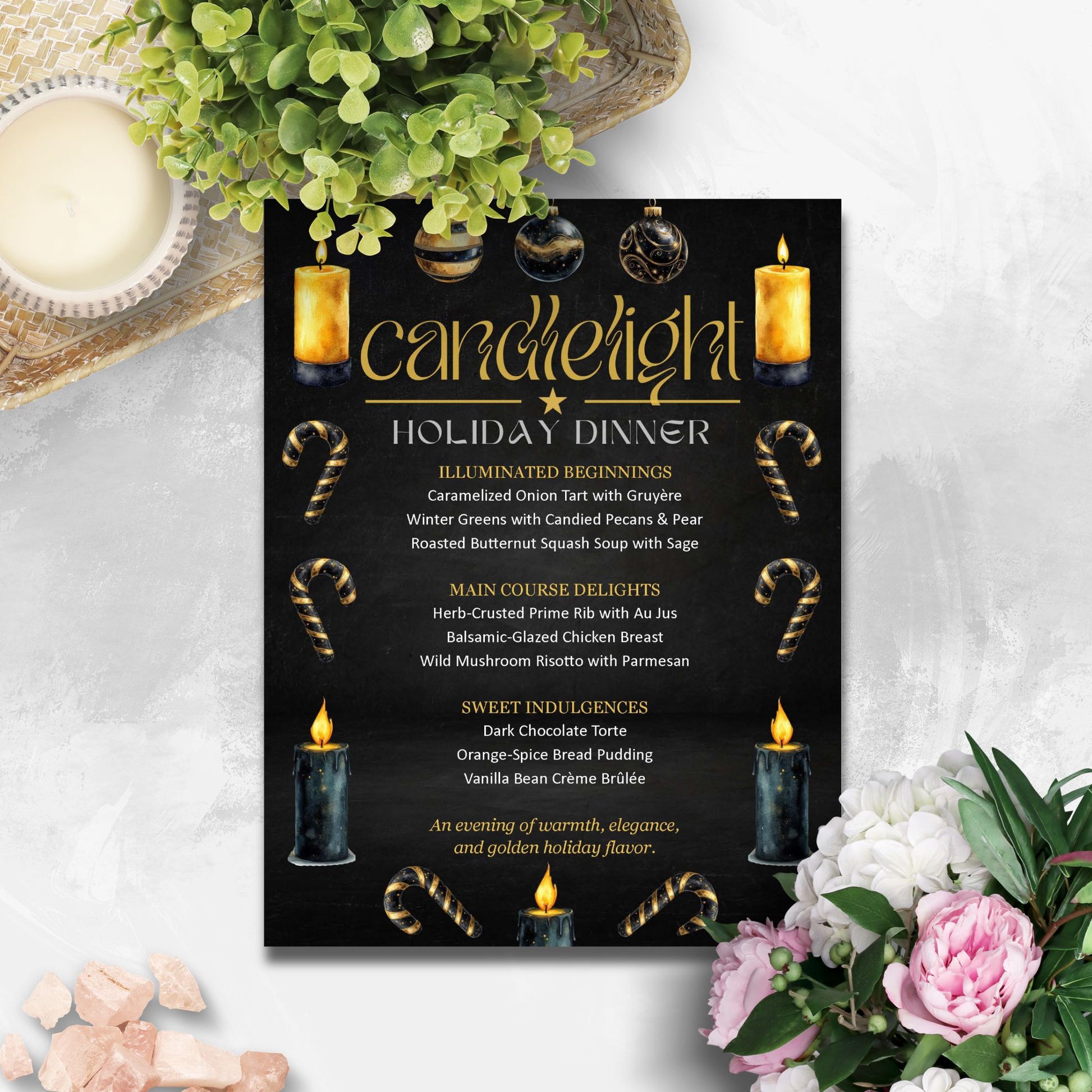 Elegant Candlelight Holiday Dinner Menu Template with black and gold design, editable in Microsoft Word, featuring festive Christmas menu layout on 8.5x11 printable sheet.