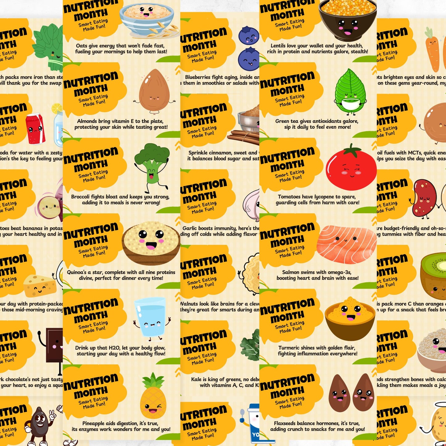 A collection of 60 vibrant Nutrition Month digital display images in a 16:9 widescreen format. Perfect for schools, hospitals, cafeterias, wellness programs, and social media marketing. High-quality PNGs with engaging, fun designs for promoting healthy eating and wellness.