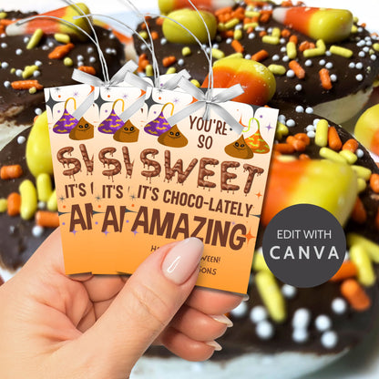 Halloween-themed printable gift tags with the message "You're So Sweet It's Choco-lately Amazing" featuring playful chocolate designs. Tags are 2.5 x 3.5 inches, laid out 8 per sheet on a standard 8.5 x 11-inch page. Includes a printable PDF and a PDF with a link to an editable Canva template.