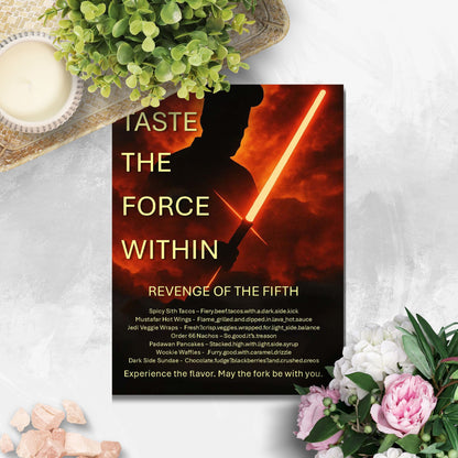 Editable Revenge of the Fifth menu template with Star Wars-themed food items like Spicy Sith Tacos and Jedi Veggie Wraps, perfect for chef promos and May 5th celebrations.