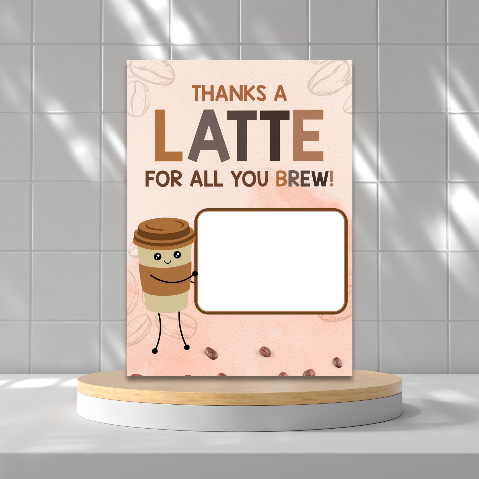 Printable 5x7 gift card holder with “Thanks a Latte for All You Brew” message – ideal for teachers, employees, students, coworkers, parents – features cute coffee design, 2 per sheet plus single version with bleed