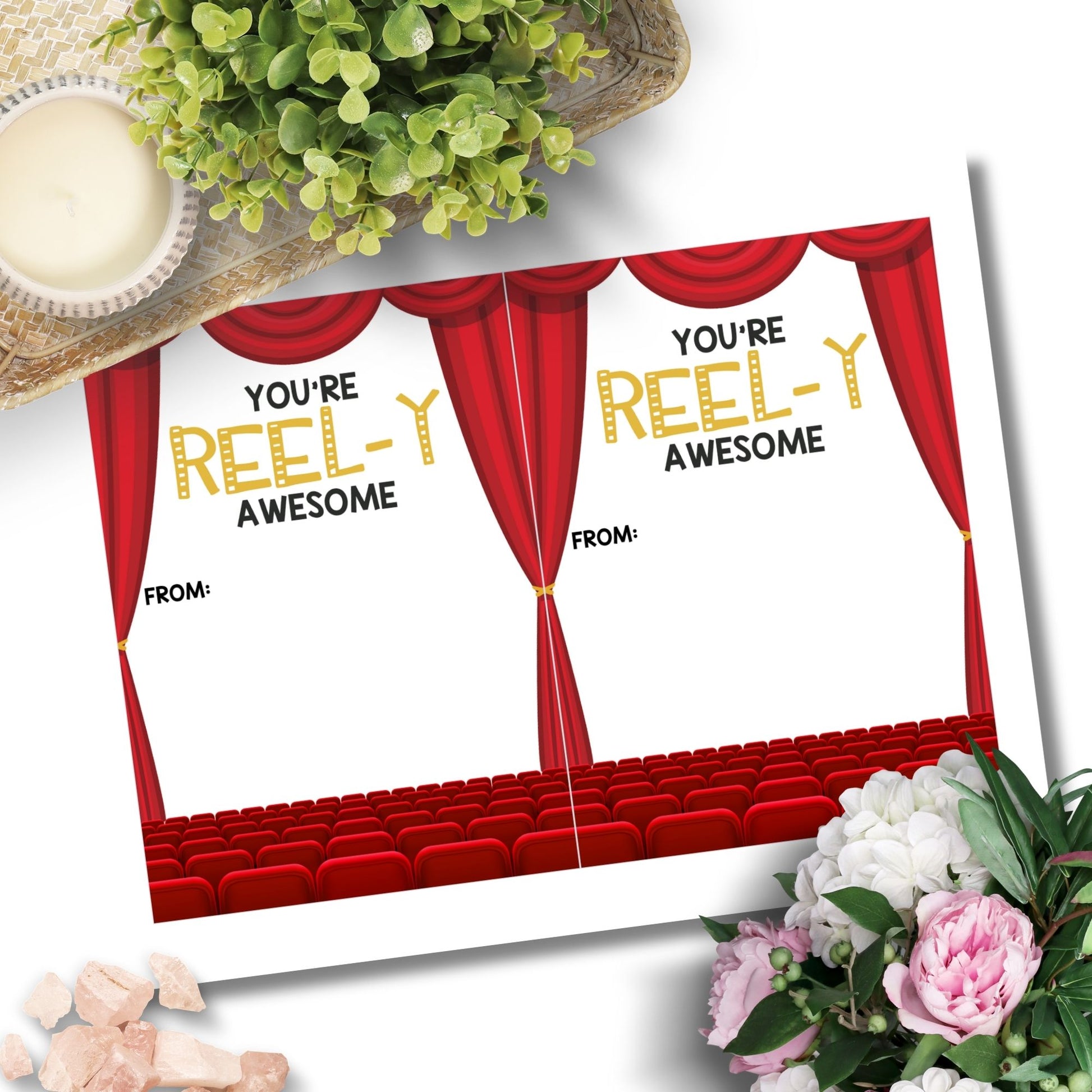 Printable movie theater gift card holders for students and anyone, 5x7 inches, laid out on an 8.5 x 11 inch sheet, with a playful "You're REELY Awesome" message.