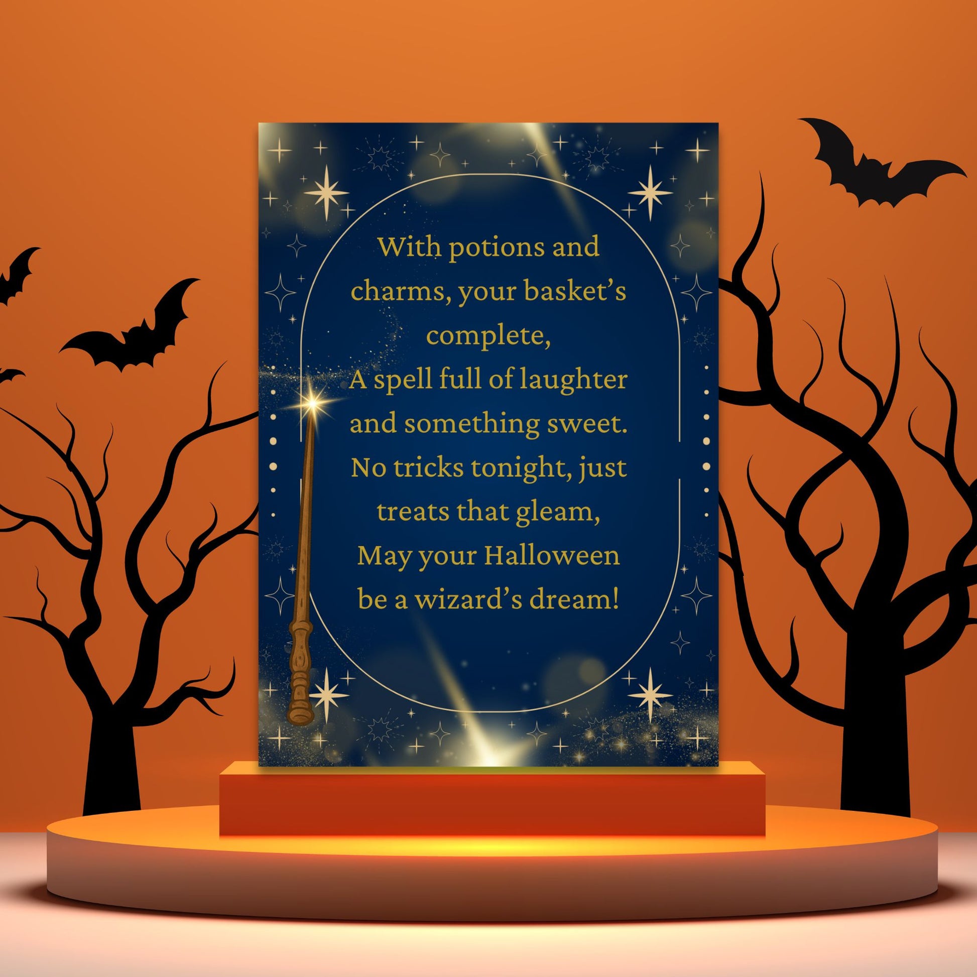 Halloween-themed decorative sign with a witch's broom and text on an orange background with bats and trees.