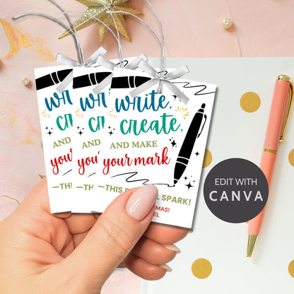 Festive pen-themed Christmas gift tags with the message 'Write, Create, and Make Your Mark - This Pen Will Spark!' Perfect for adding a creative touch to holiday gifts for teachers, students, and writers.