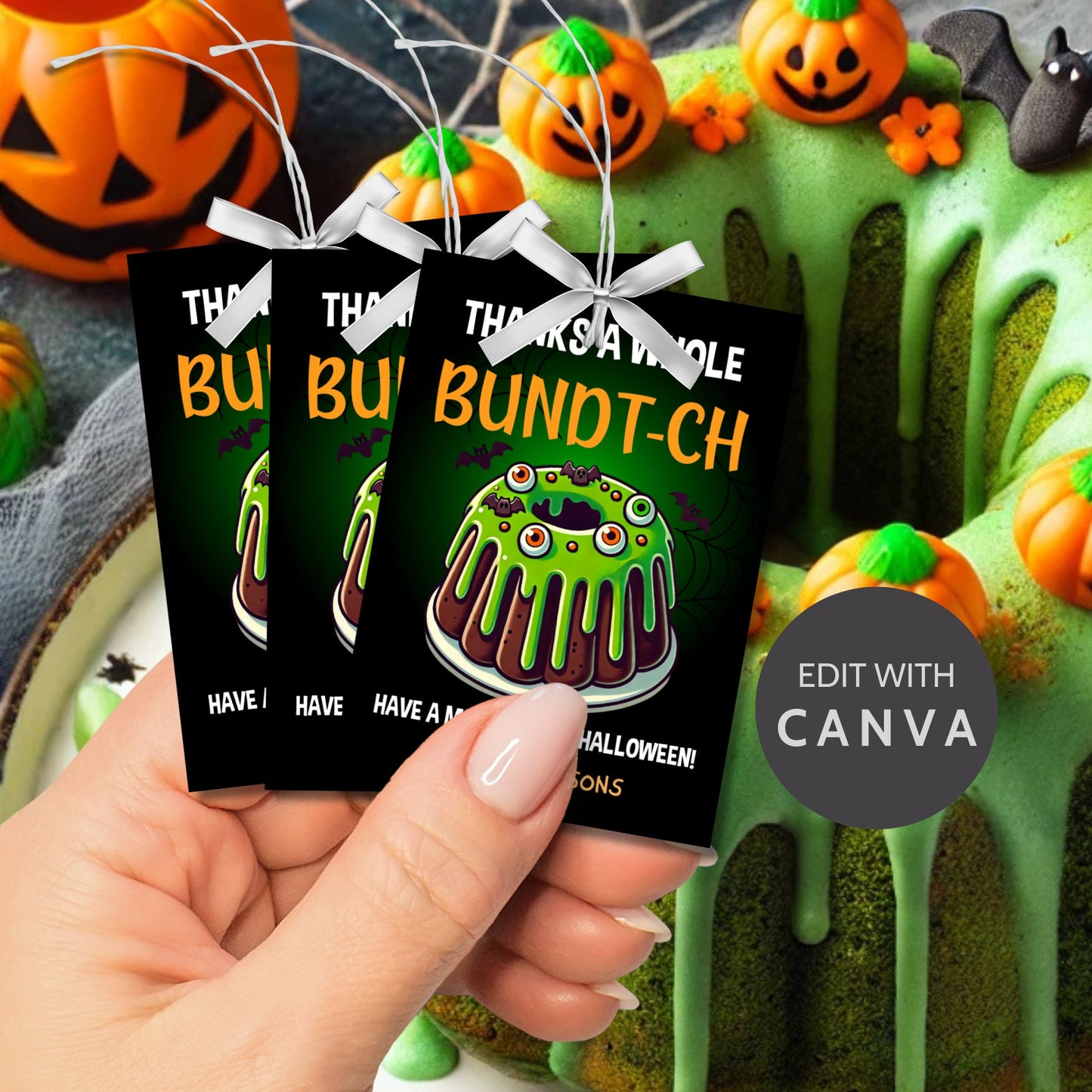 Halloween gift tag featuring a monster-themed bundt cake with green icing, creepy eyeballs, and the message 'Thanks a Whole Bundt-Ch. Have a Monster-ific Halloween!'