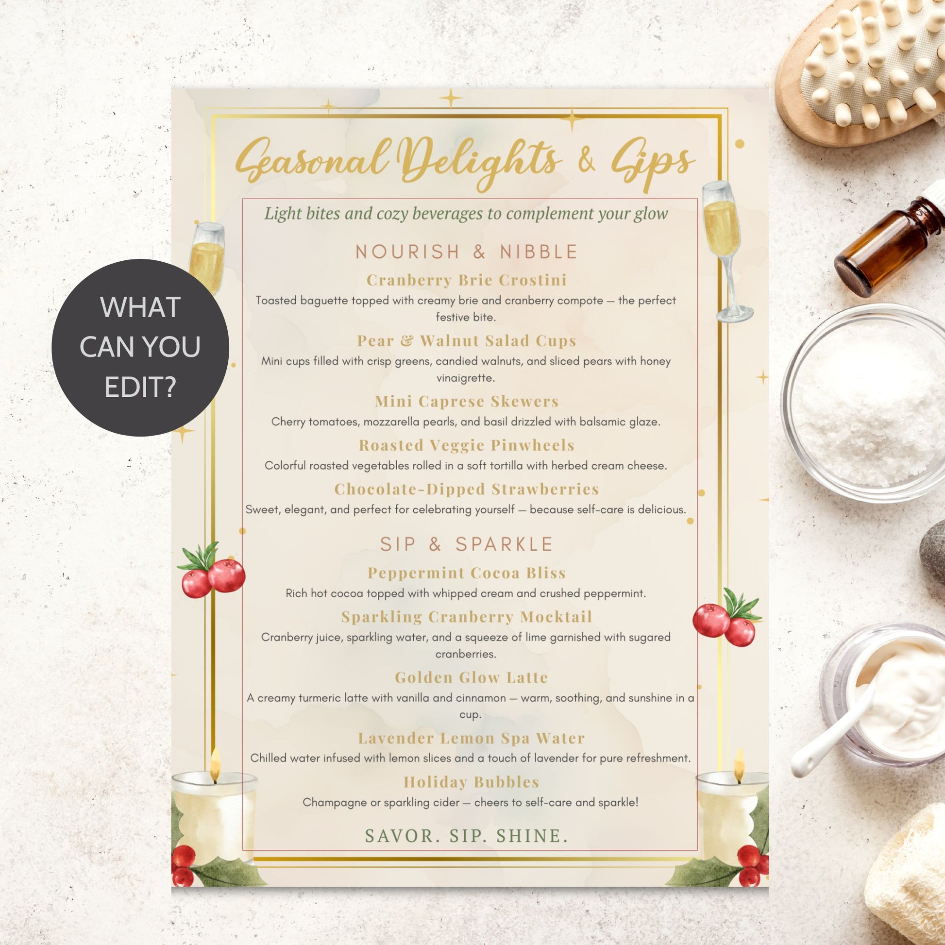 Elegant editable spa food and drink menu template – “Seasonal Delights & Sips” featuring holiday-inspired refreshments and cozy spa treats, designed to match the Glow into the Holidays collection by Given Crafted Wonders.