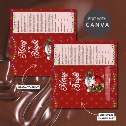 Red Christmas-themed flyer with Santa Claus and lights, customizable with Canva on a brown background.