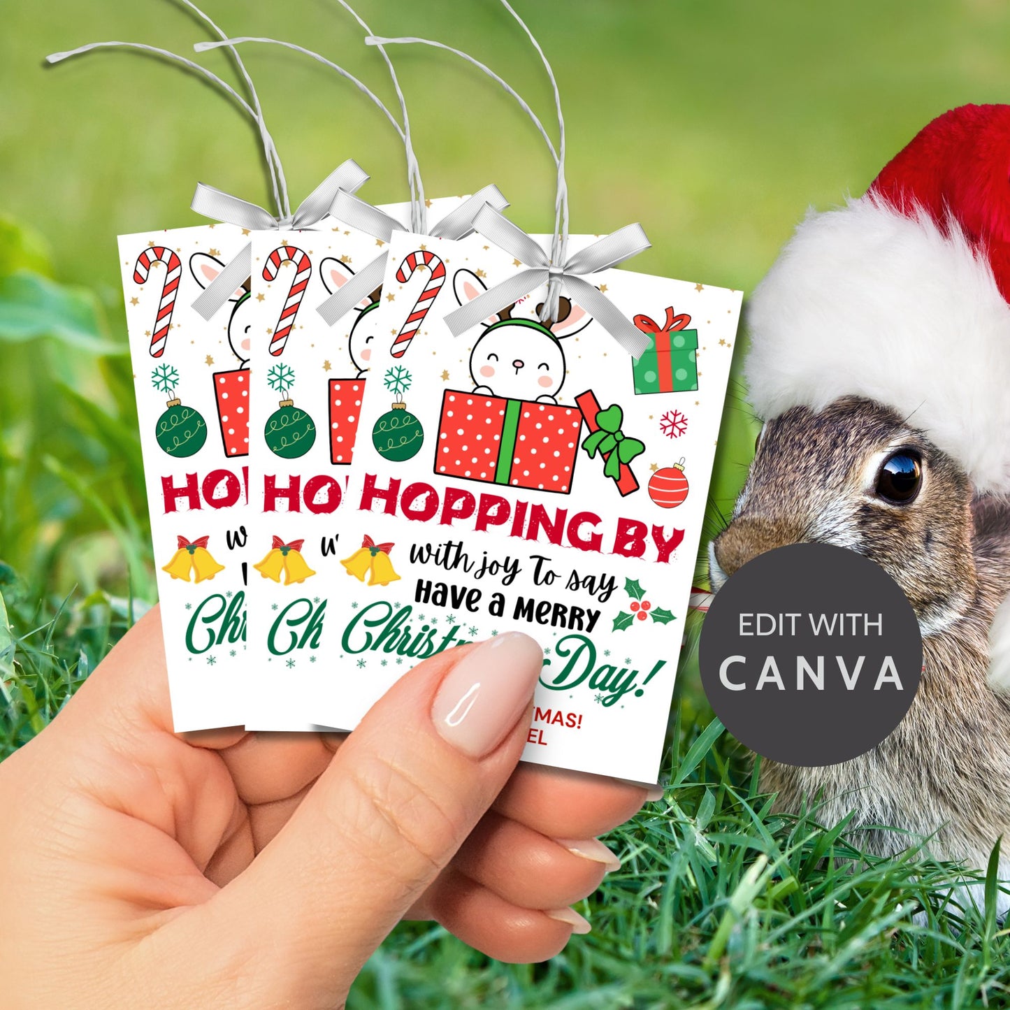 Christmas gift tags featuring a cute bunny peeking out of a red gift box with festive elements like candy canes, ornaments, and presents. The tag reads 'Hopping By with Joy to Say Have a Merry Christmas Day!'