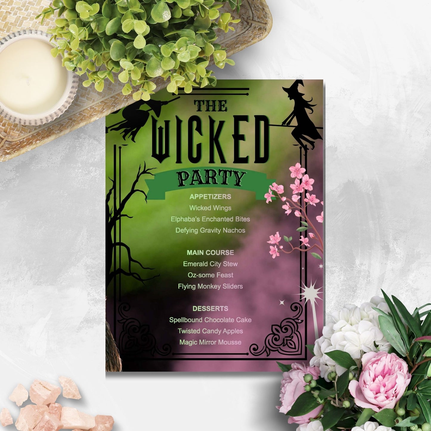 Editable Wicked-inspired menu template featuring enchanting dish names like Wicked Wings, Emerald City Stew, and Magic Mirror Mousse, perfect for a themed party or Halloween event.