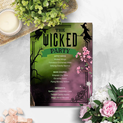 Editable Wicked-inspired menu template featuring enchanting dish names like Wicked Wings, Emerald City Stew, and Magic Mirror Mousse, perfect for a themed party or Halloween event.