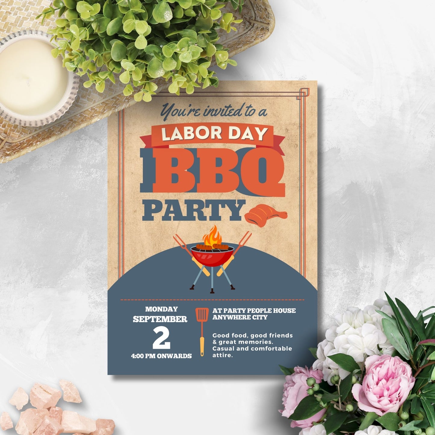 Rustic-themed Labor Day BBQ invitation with a vintage design featuring grilling tools and a classic BBQ setup.