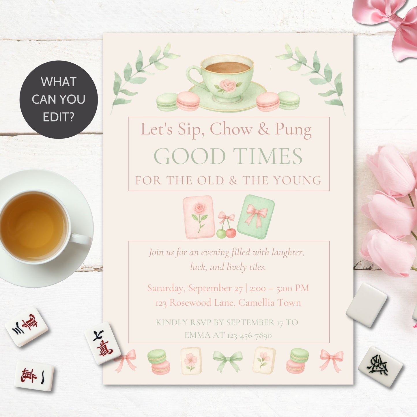 Invitation card with tea cups, flowers, and decorative elements on a light background