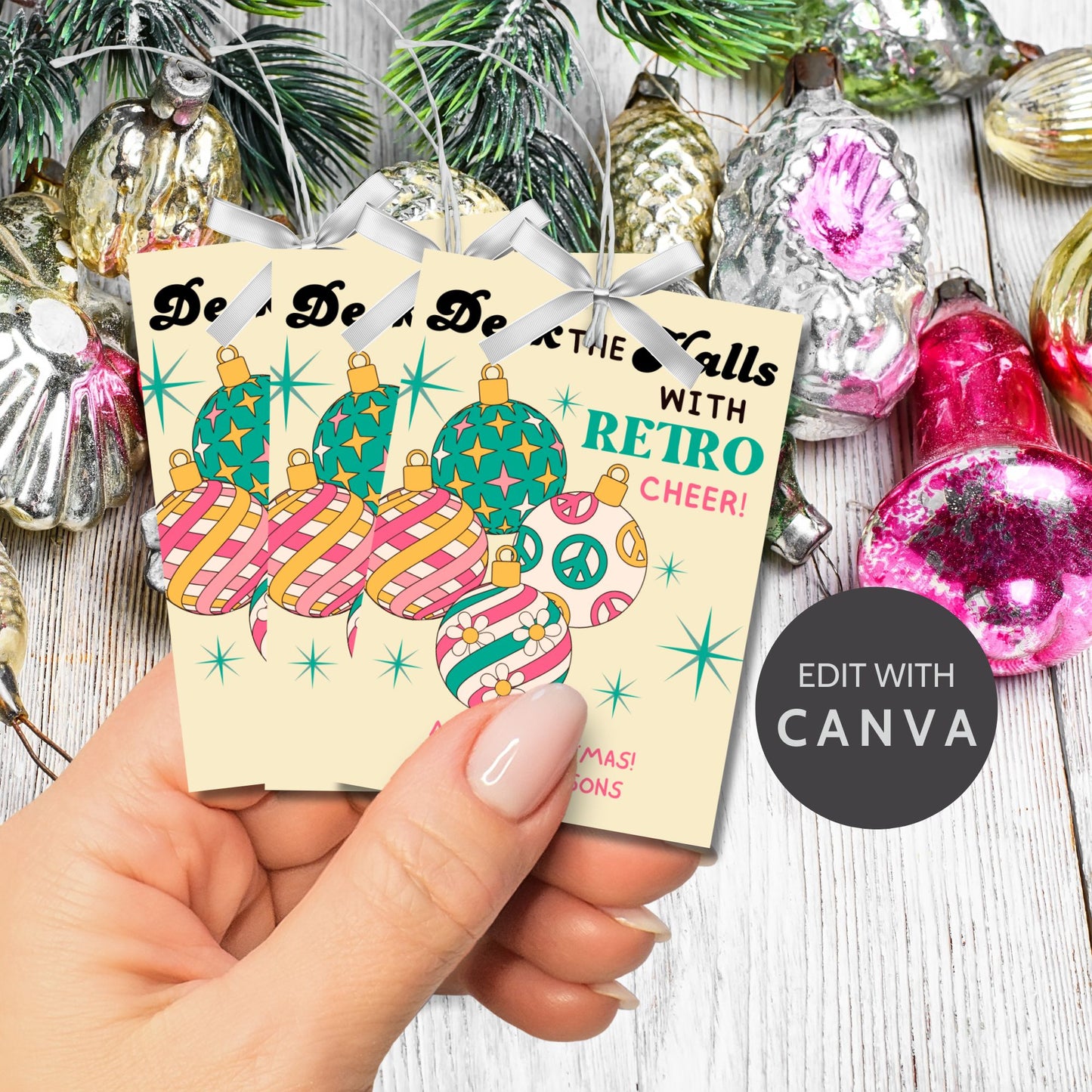 Retro-inspired Christmas gift tags featuring colorful ornaments with peace signs and stripes, paired with the message "Deck the Halls with Retro Cheer!" These printable and editable tags add a cheerful, nostalgic touch to holiday gifts.