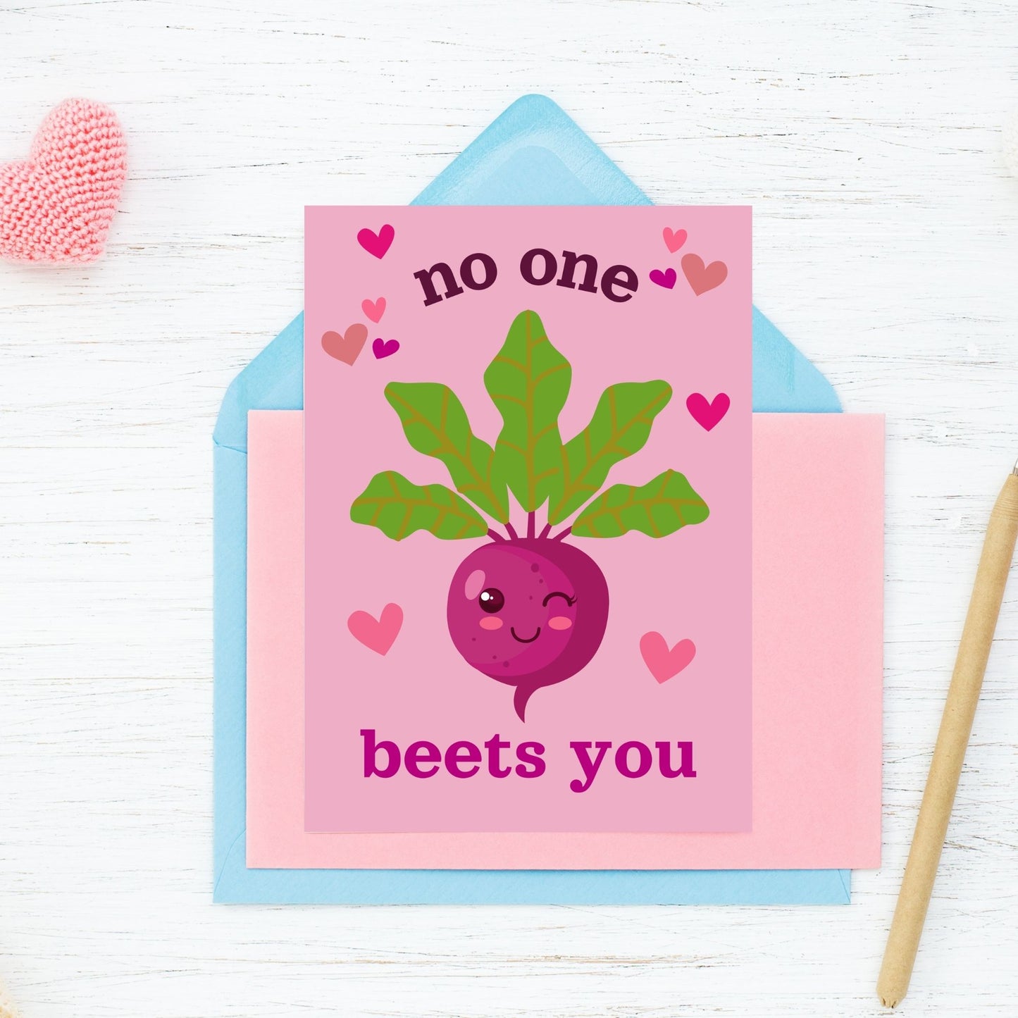 Printable Valentine’s Day Greeting Card featuring the pun “No One Beets You.” Designed as a 5x7 PDF on an 8.5 x 11 sheet with two cards per page. A cute and funny Valentine’s card for food lovers.