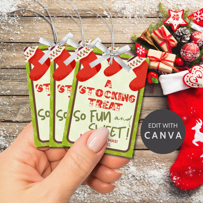 Printable and editable Christmas gift tags for stocking stuffers, featuring a "Stocking Treat" design perfect for fun holiday gifts like Peeps marshmallow treats, customizable on Canva, 8 tags per 8.5 x 11 sheet.