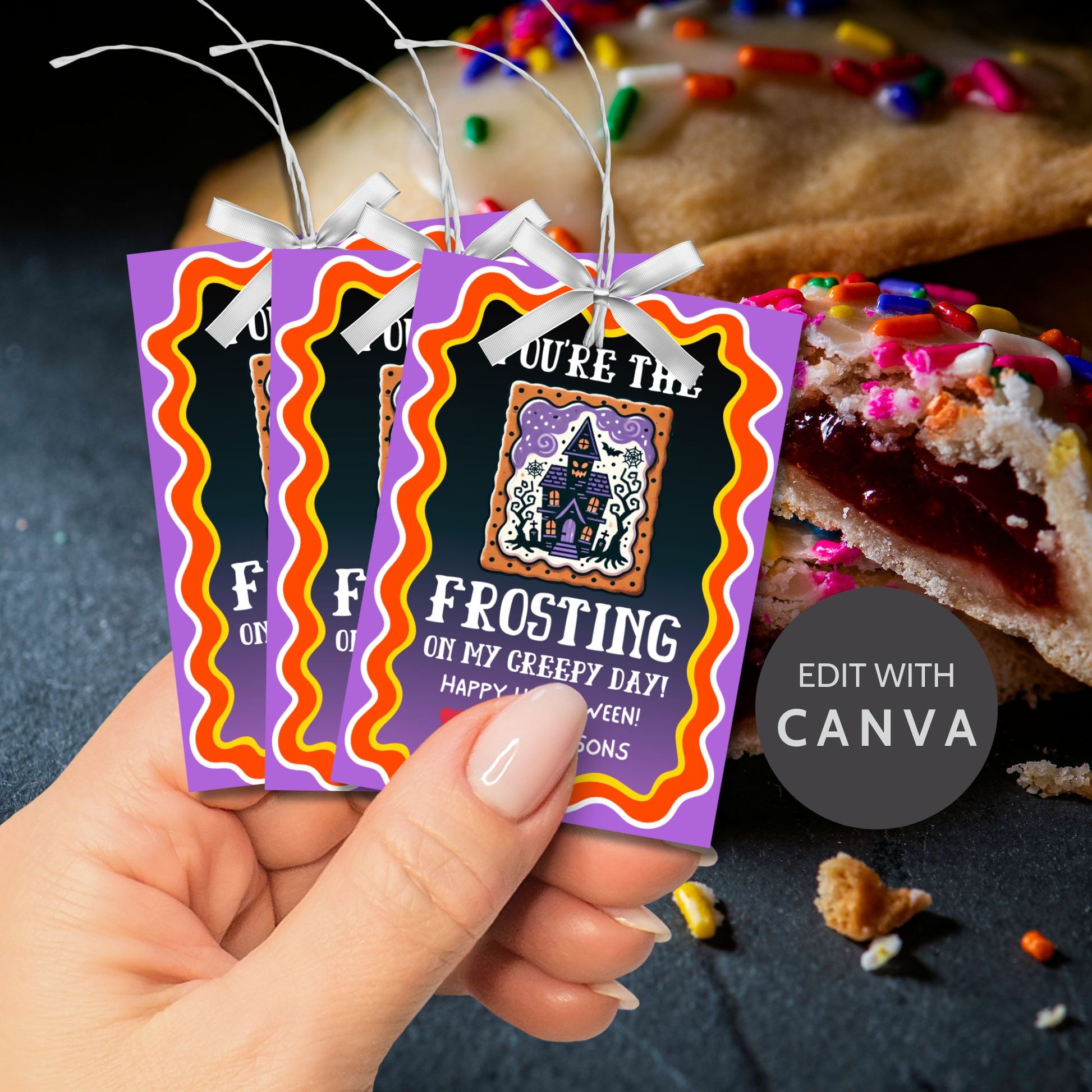 Colorful Halloween Pop-Tart-themed gift tag with a haunted house design and the message 'You're the Frosting on My Creepy Day!' Perfect for spooky treat bags.