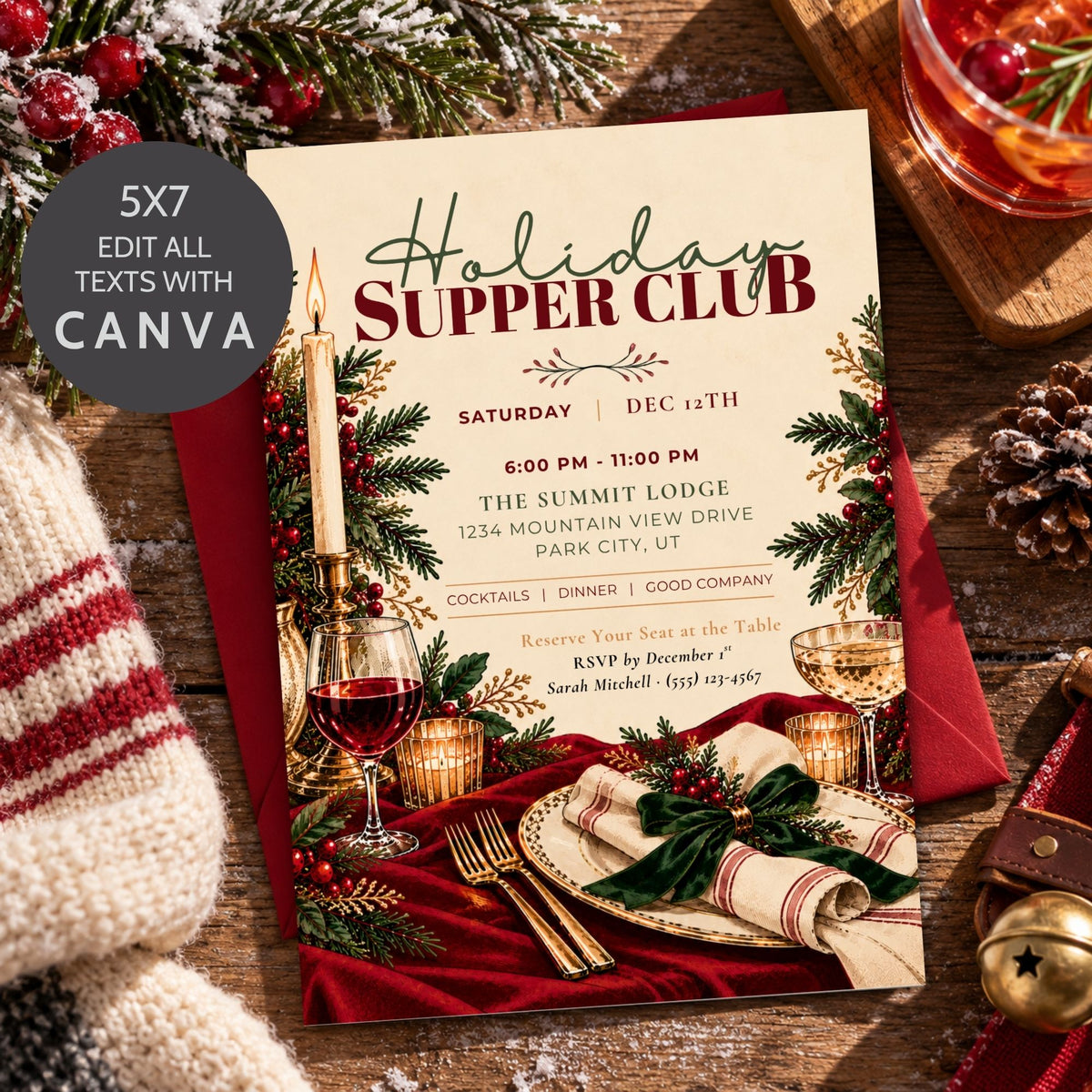 A festive holiday supper club invitation card styled on a rustic wooden table with red napkins, candles, wine glasses, pine branches, and holiday accessories. A dark gray circular badge in the upper left reads '5X7 EDIT ALL TEXTS WITH CANVA'.