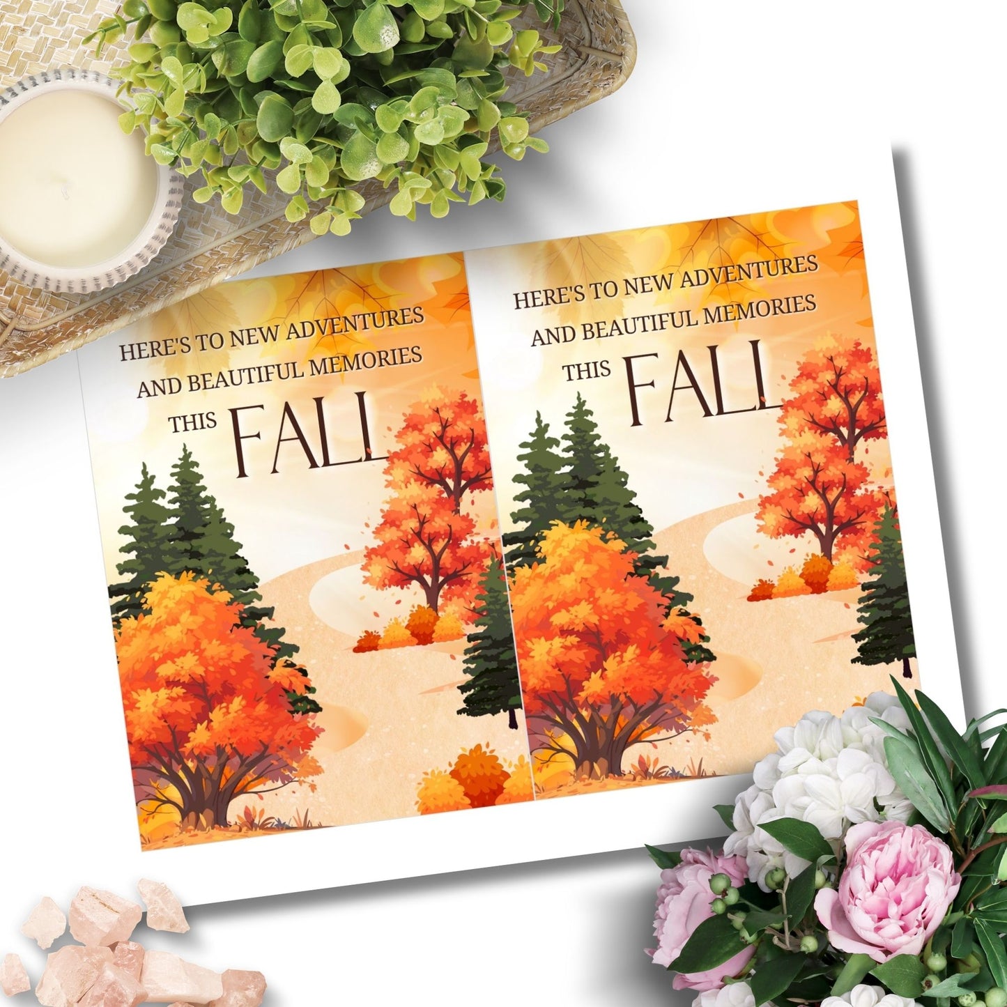 Printable Fall Greeting Card with a serene autumn path and colorful trees, featuring the message 'Here's to New Adventures and Beautiful Memories This Fall,' ideal for seasonal greetings.