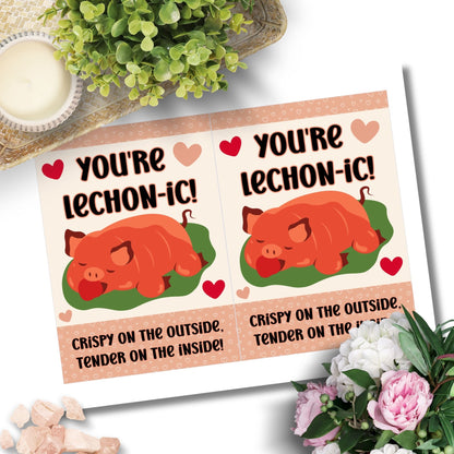 Printable Valentine’s Day card featuring the phrase “You’re Lechonic” with a Lechon-inspired design. Designed as a 5x7 PDF on an 8.5 x 11 sheet with two cards per page. A punny and heartfelt Valentine’s card for Filipino food lovers.