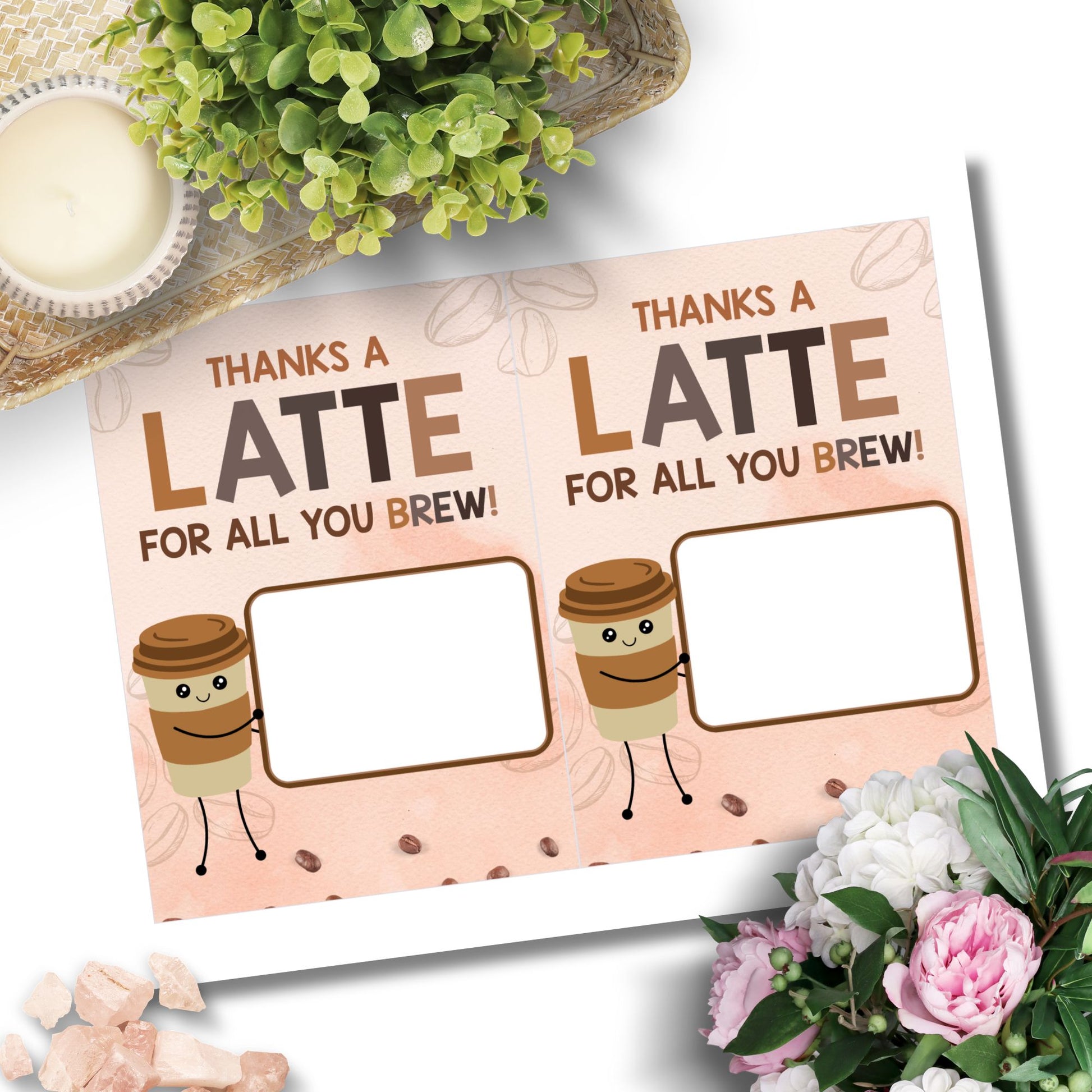 Printable 5x7 gift card holder with “Thanks a Latte for All You Brew” message – ideal for teachers, employees, students, coworkers, parents – features cute coffee design, 2 per sheet plus single version with bleed