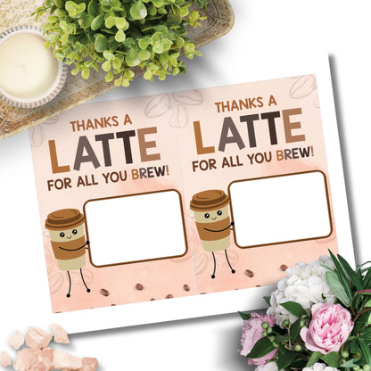 Printable 5x7 gift card holder with “Thanks a Latte for All You Brew” message – ideal for teachers, employees, students, coworkers, parents – features cute coffee design, 2 per sheet plus single version with bleed