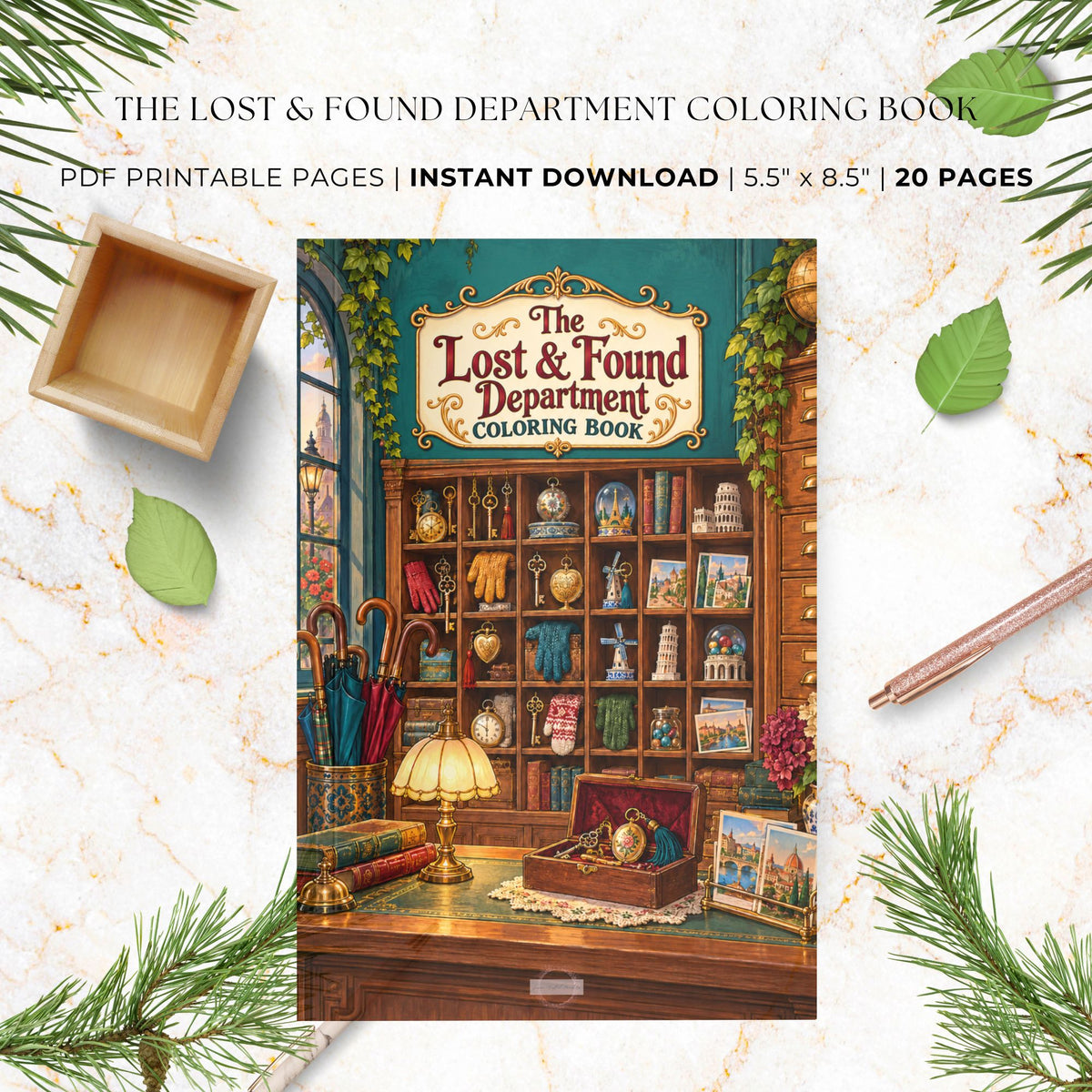 Promotional graphic for a printable coloring book titled "The Lost & Found Department Coloring Book," showing a vintage shop interior illustration on the cover. Text at the top reads "PDF Printable Pages | Instant Download | 5.